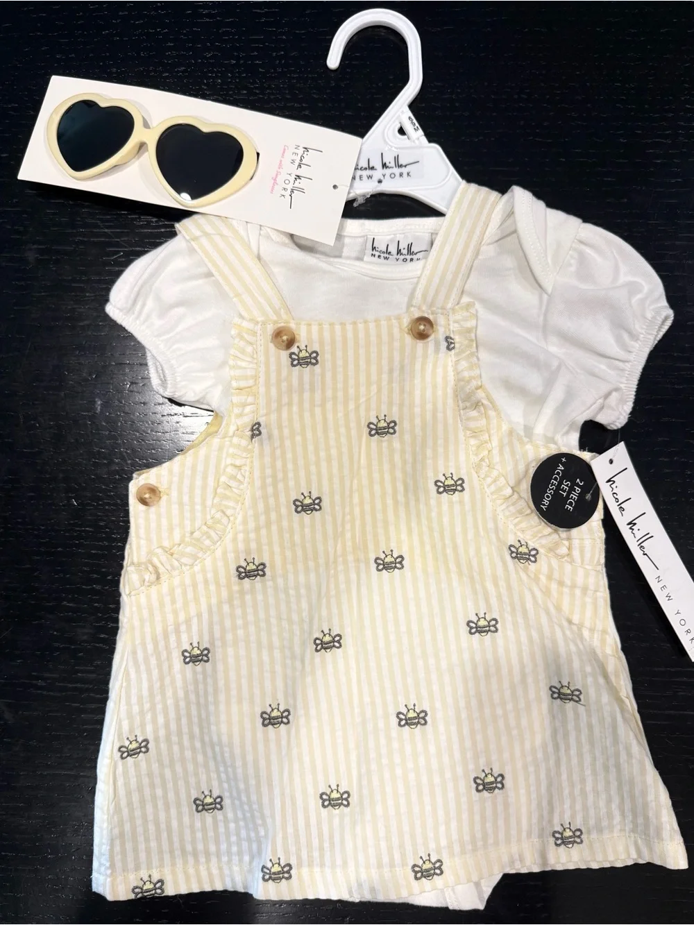 Nicole Miller Yellow Bee Seersucker Overall Dress with Cream Sunglasses
